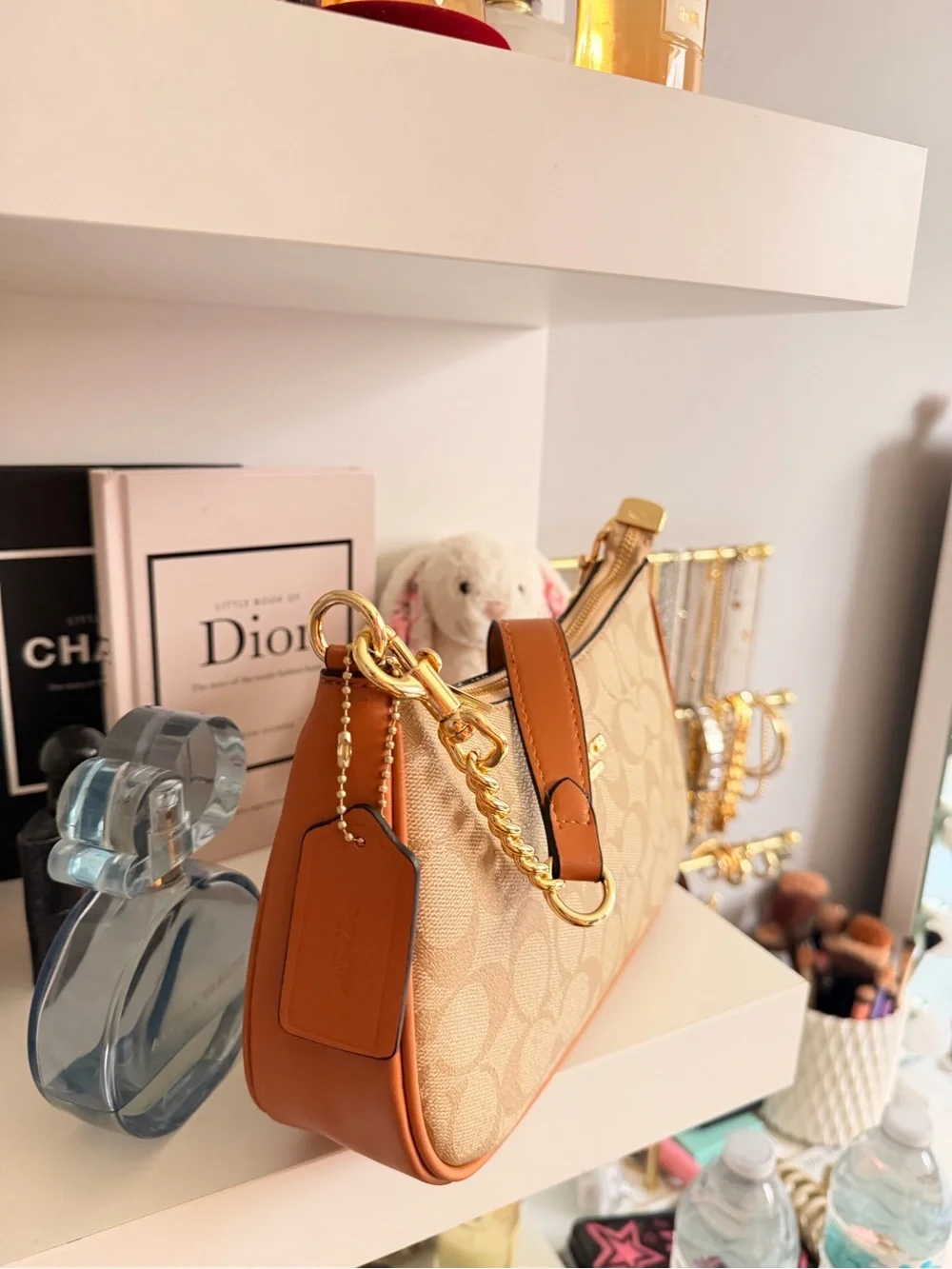 Coach Teri Regular Shoulder Bag in Beige with Tan Trim and Gold Hardware